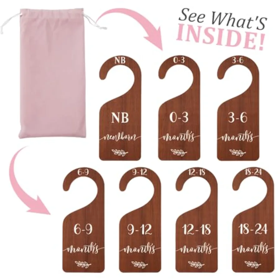 7 Pcs Wooden Baby Closet Size Dividers with Pink Velvet Bag Newborn to 24, view 4