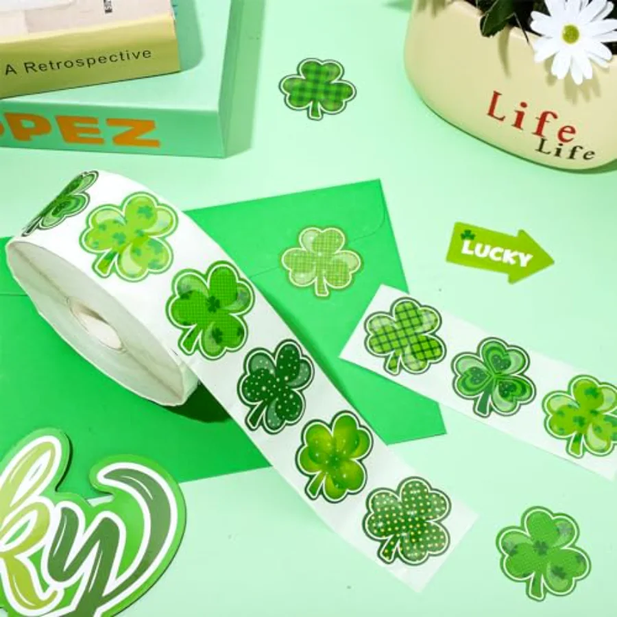 1000Pcs St. Patrick's Day Stickers Roll Shamrock Clover Paper Decals 9, view 3