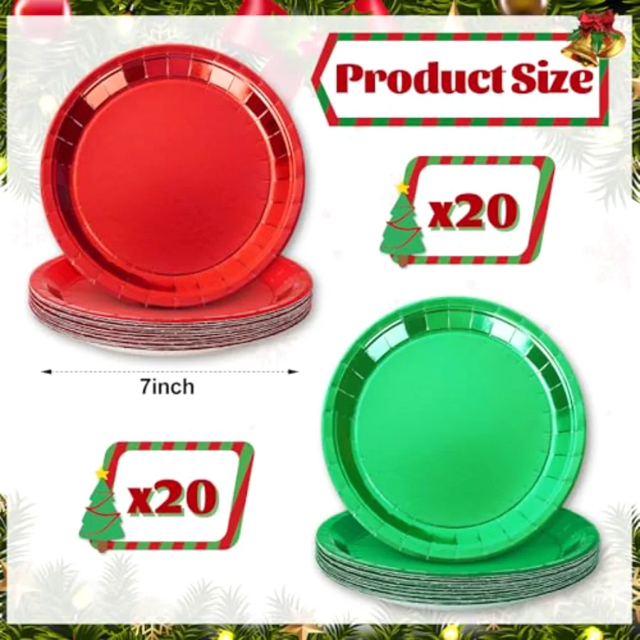 40 Pcs Christmas Dessert Plate Foil Red Green Disposable Paper Plate, view 2