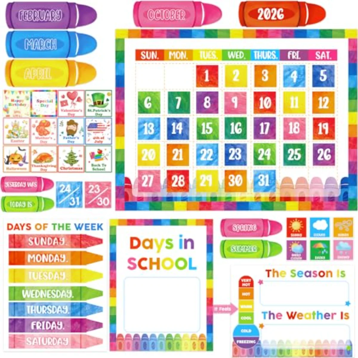 200Pcs Classroom Calendar Set Bulletin Board Decor Colorful Crayon