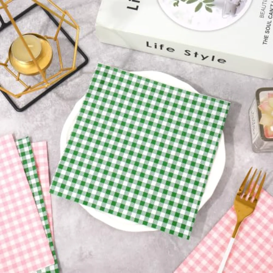 100 Pcs Pink Green Plaid Luncheon Napkins Gingham Checkered Disposable, view 3