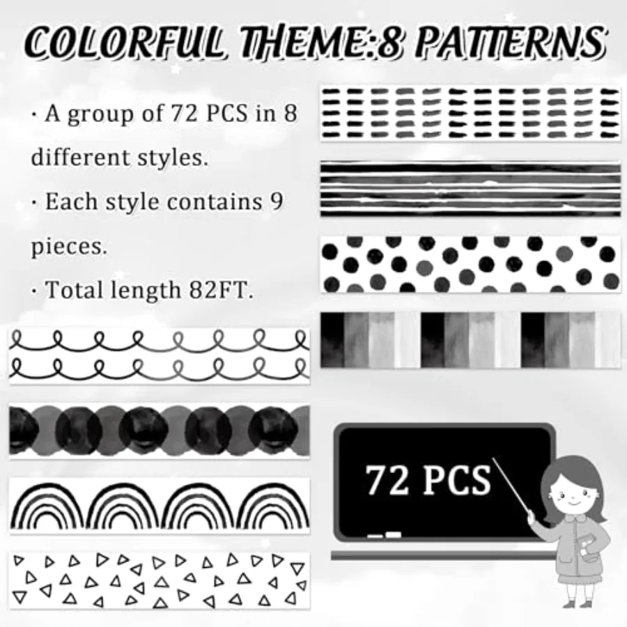 82 Ft Black White Bulletin Board Borders Rainbow Dot Pattern Adhesive Trim, view 3