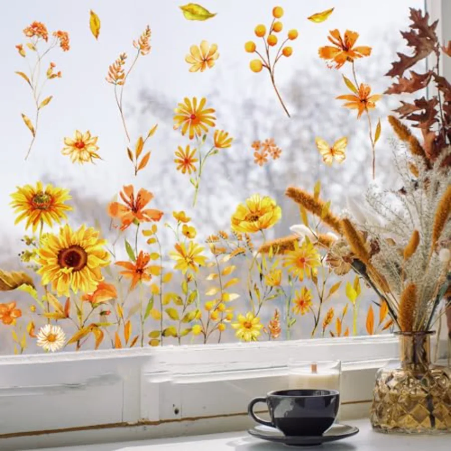 Fall Sunflower Window Clings Sunflower Wildflower Reusable Window Decals, view 4
