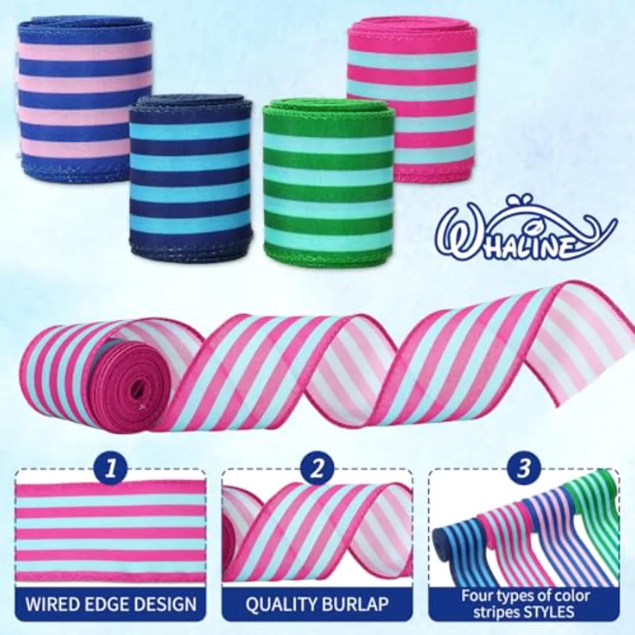 Colorful Stripe Wired Edge Ribbon 2.5 Inch Fabric Wrapping Ribbon for, view 3