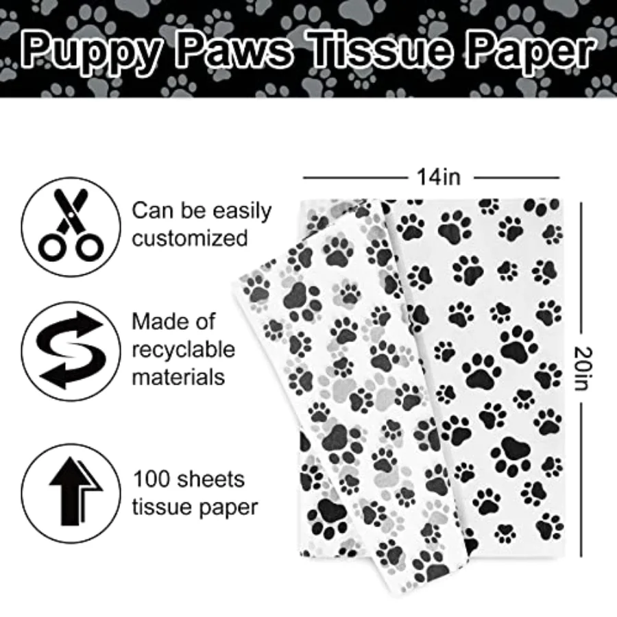 100 Sheet Pet Paw Print Tissue Paper White Black Gift Wrapping Paper 14 x, view 2