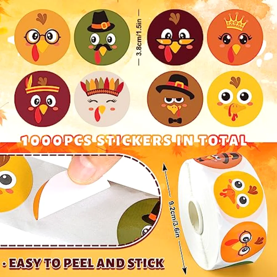 1000Pcs Thanksgiving Stickers Roll Cute Turkey Expressions Stickers, view 2