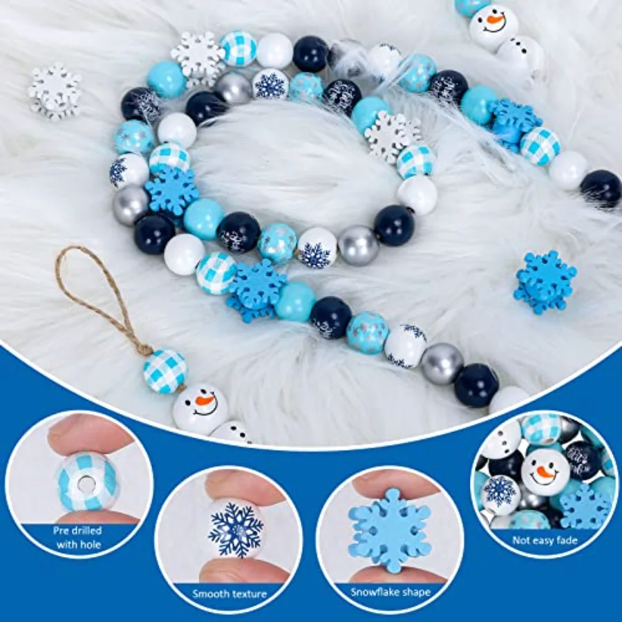 210Pcs Blue Wooden Beads Winter Snowman Wood Beads with Hemp Rope, view 3