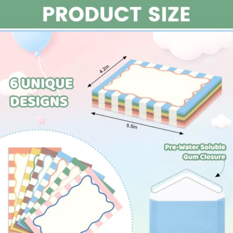24Pcs Flat Blank Notes with Envelopes Colorful Stripe & Wavy Line Blank, view 2