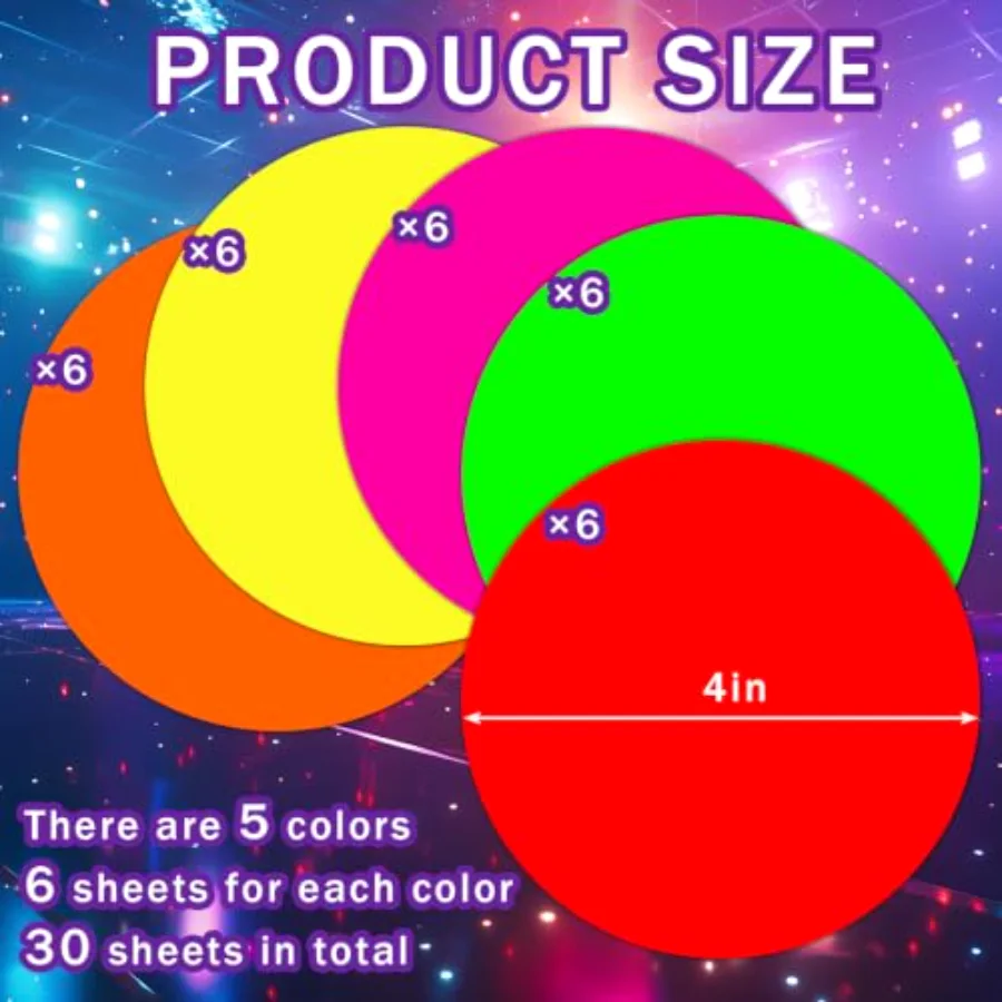 30 Pcs Neon Colored Round Stickers 4 Inch Glow in The Dark Self-Adhesive, view 2