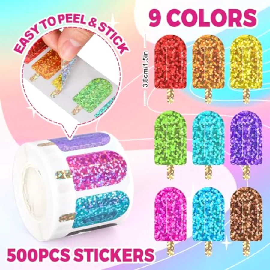 500Pcs Ice Pop Stickers Roll Holographic Summer Popsicle Waterproof Decals, view 2