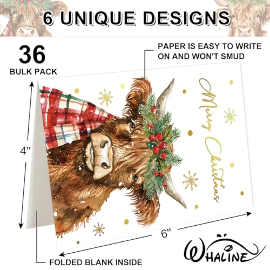 36 Packs Merry Christmas Gold Foil Greeting Cards Watercolor Highland Cow, view 2