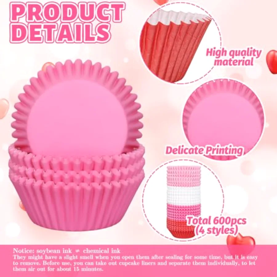600Pcs Valentine's Day Cupcake Liners Assorted Colors Baking Cup Red Pink, view 3