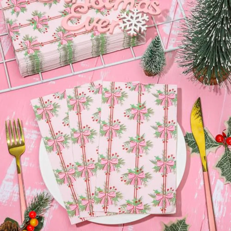 100Pcs Pink Bow Christmas Napkins Holly Berry Guest Napkins Xmas Bowknot, view 4