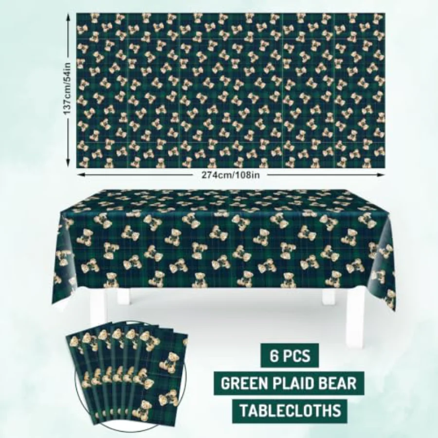 6Pcs Tartan Bear Plastic Tablecloth We Can Bearly Wait Baby Shower, view 2