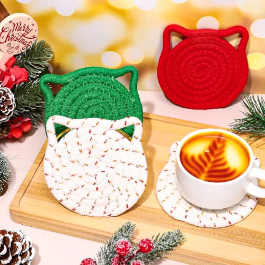 Christmas Cat Ear Coaster Set Red Green Xmas Color Cat Ear Shape Handmade, view 4