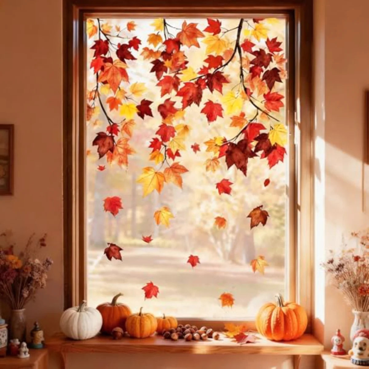 6 Sheet Fall Window Clings Hanging Maple Leaf Window Decals Colorful