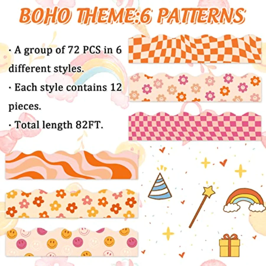 82Ft Boho Bulletin Board Borders Retro Groovy Daisy Flower Checkered, view 3