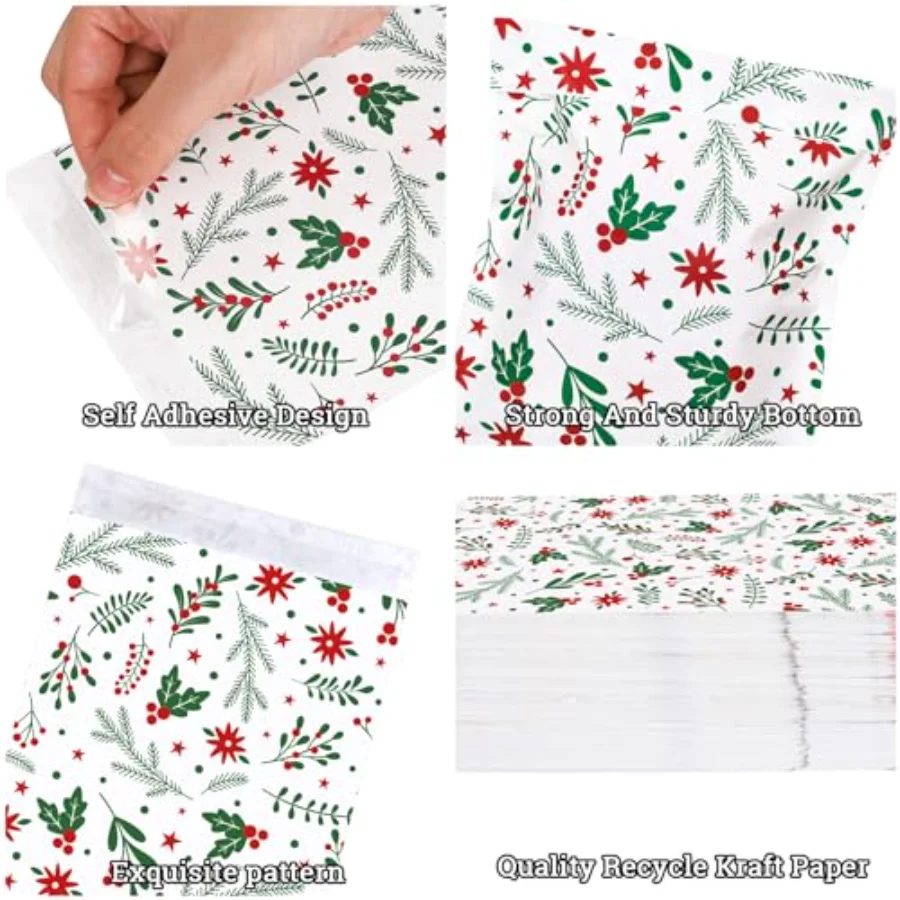 100Pcs Christmas Treat Bags Self-Adhesive Xmas Botanical Print Goodie, view 3