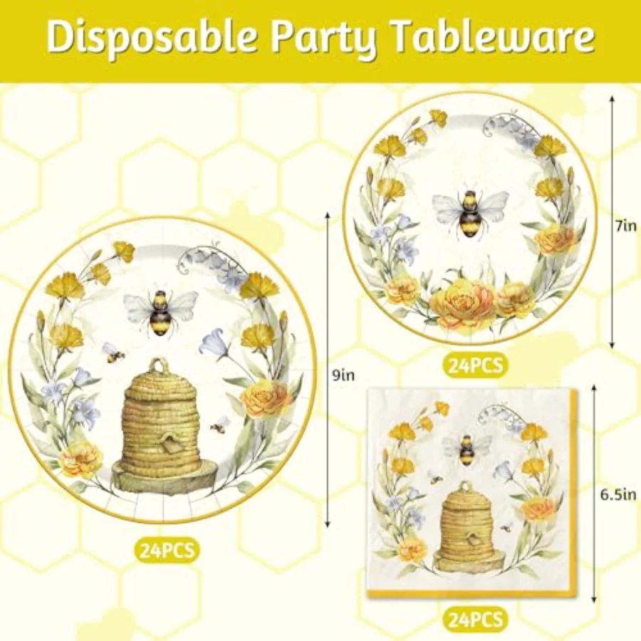 Bee Paper Plates and Napkins Set Summer Bee Flower Disposable Dinnerware, view 2