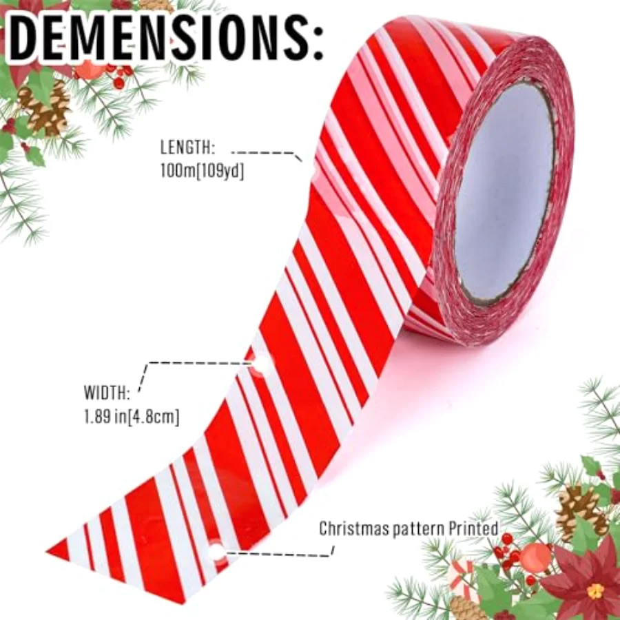 109 Yard Christmas Candy Packing Tape Xmas Red and White Striped Pattern, view 2