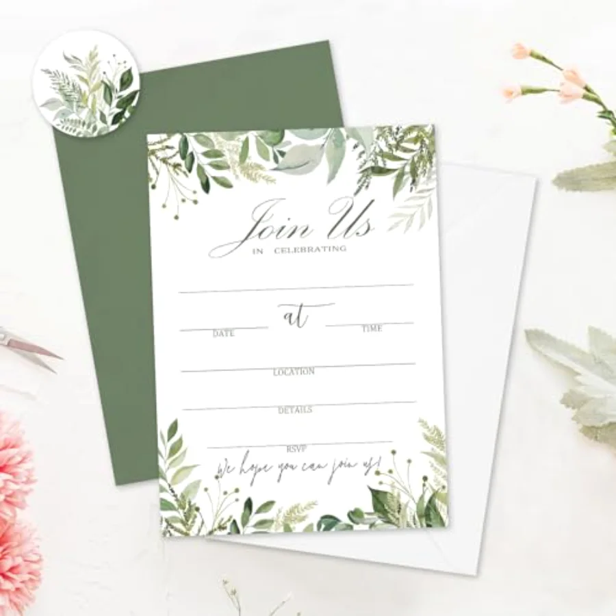 25 Sets Greenery Invitations with Envelopes Stickers Watercolor Green, view 4