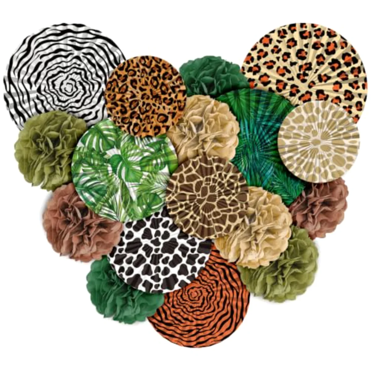 17 Pcs Jungle Safari Animal Print Decoration Set Green Brown Hanging Paper