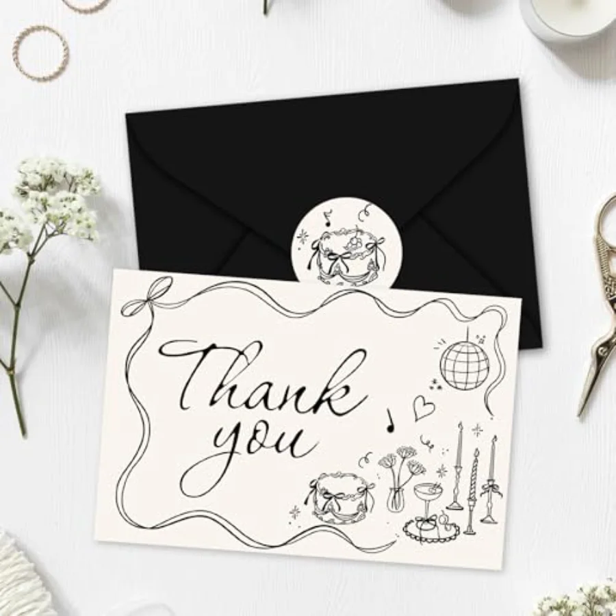 24 Pack Wedding Thank You Cards Boxed Black Bow Cake Disco Ball Flower, view 4