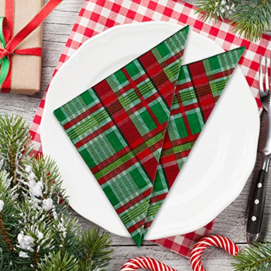 100 Pack Christmas Paper Napkins Buffalo Plaid Pattern Disposable Napkins, view 3