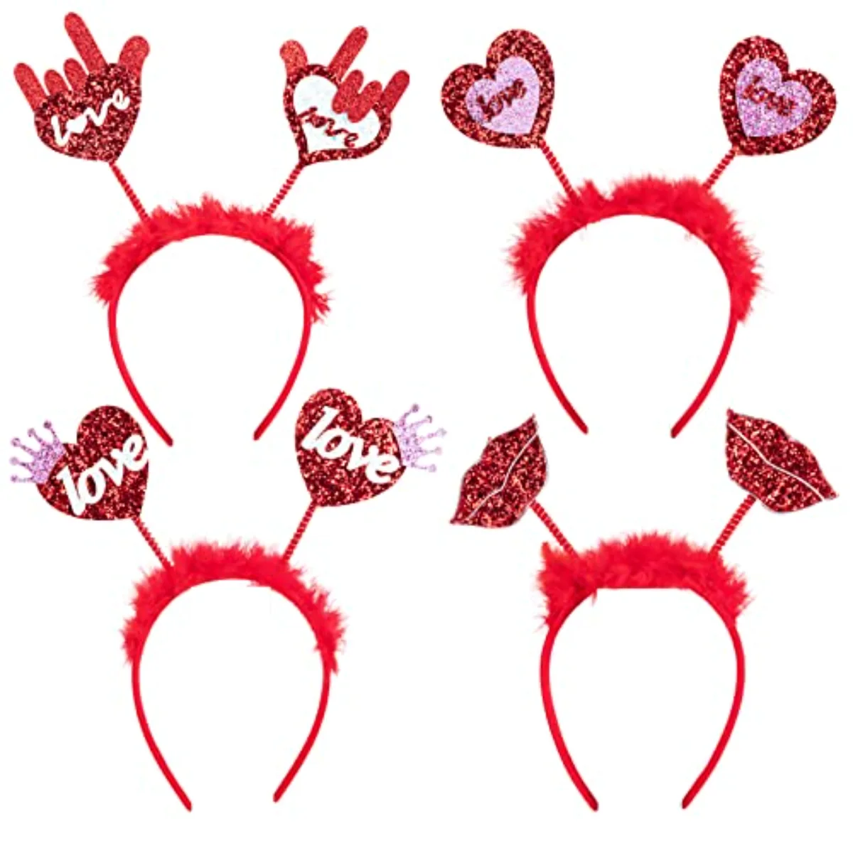 4Pcs Valentine's Day Headbands Glitter Red Heart Lip Bopper Headband Love
