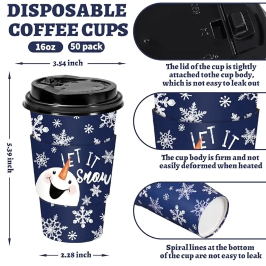 50 Pcs Christmas Coffee Paper Cups Xmas Blue Snowman Snowflake Disposable, view 2