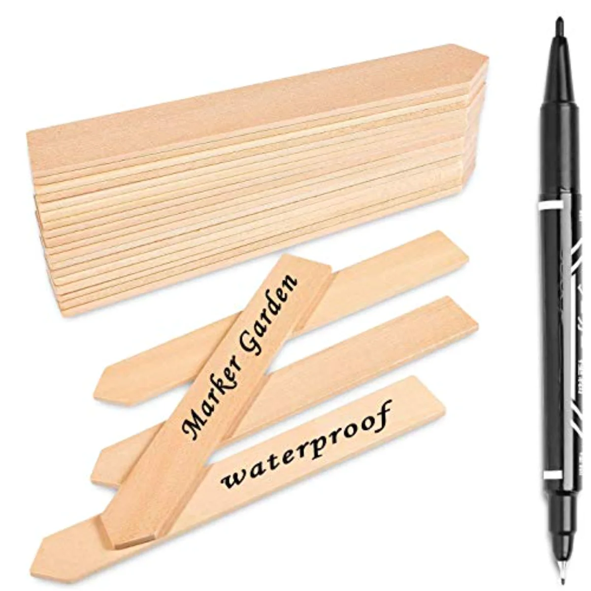 50Pcs Wooden Plant Labels with A Marker Pen Waterproof Pointed Wooden