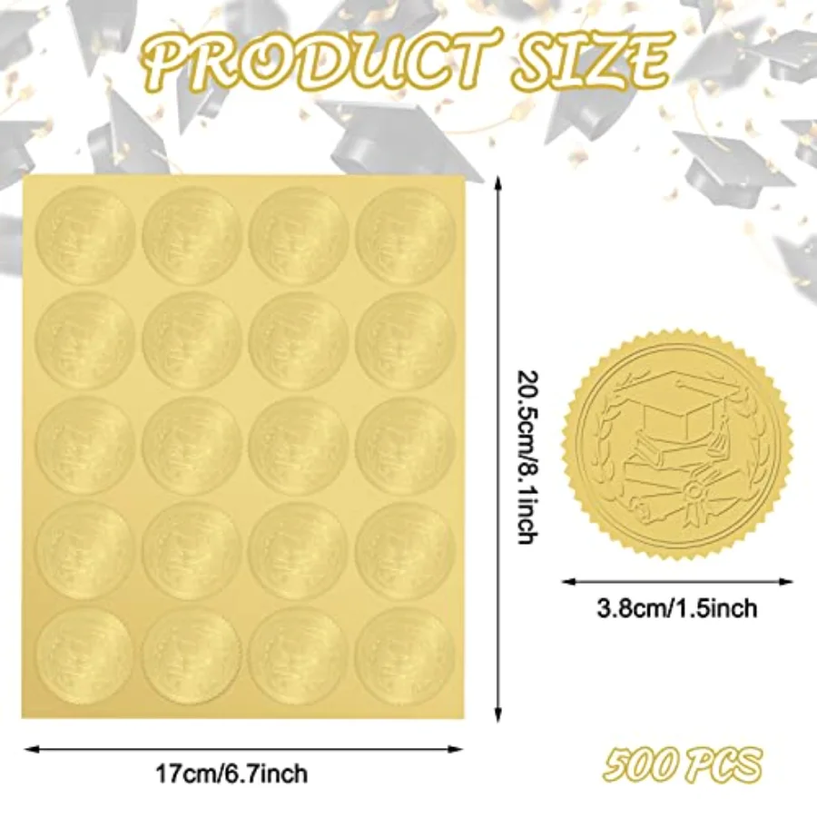 500 Pcs 2026 Graduation Cap Foil Seal Sticker Embossed Gold Self Adhesive, view 2