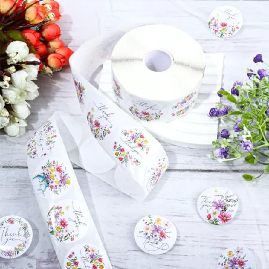 1000Pcs Spring Thank You Stickers Roll 8 Designs Colorful Wildflower, view 3