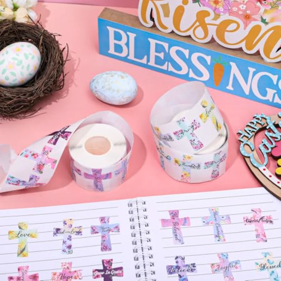 1000 Pcs Easter Stickers Floral Cross Roll Stickers Assorted Bible Verse, view 3