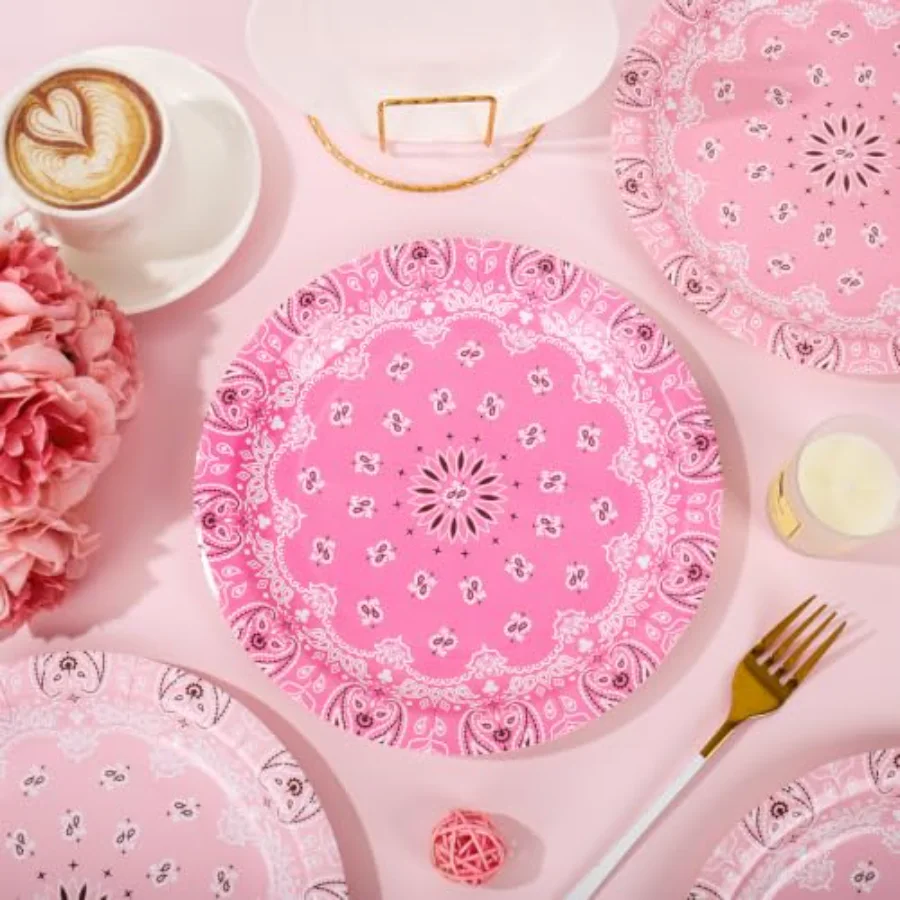 48Pcs Western Bandana Paper Plates Pink Cowgirl Paisley Disposable Plate 3, view 4