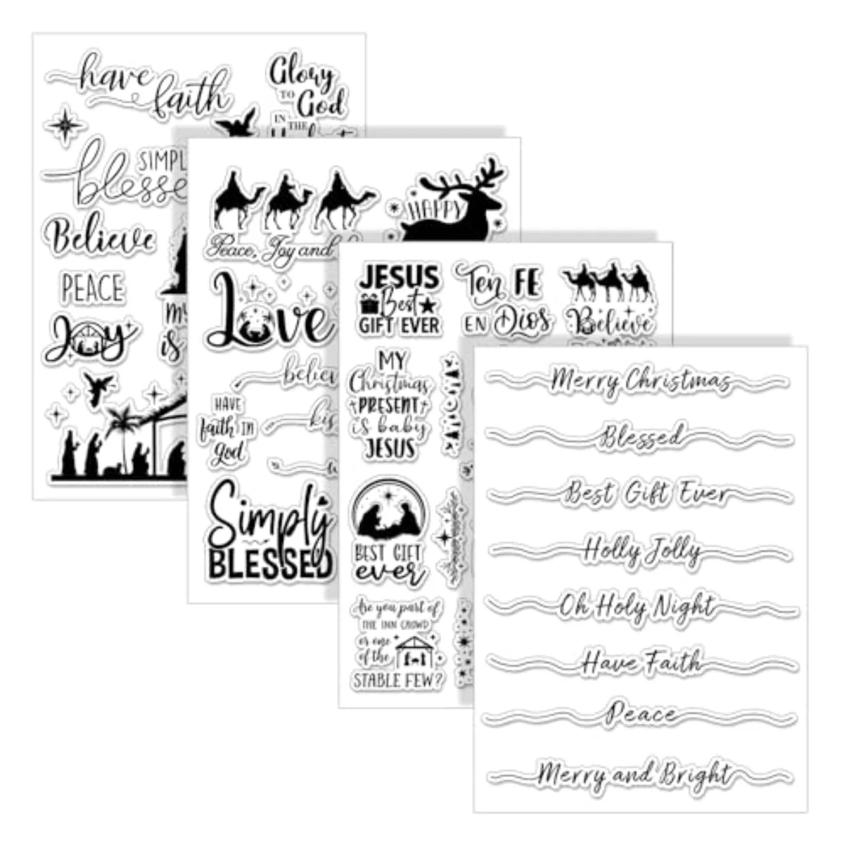 4 Sheets Christmas Clear Stamps Greeting Words Nativity Scene Silicone