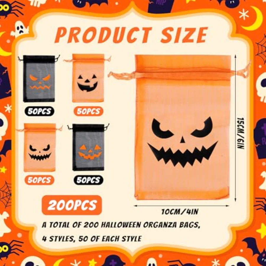 200 Pcs Halloween Organza Bags Black Orange Evil Pumpkin Face Jewelry Gift, view 2