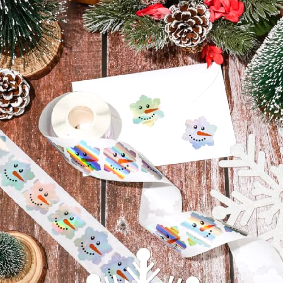 Christmas Winter Snowman Face Stickers Roll Snowflake Shape Holographic, view 3