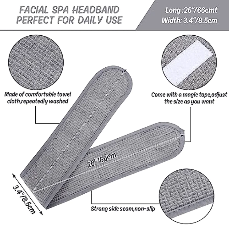 3Pcs Spa Facial Headband White Black Grey Head Wrap Terry Cloth Waffle, view 2