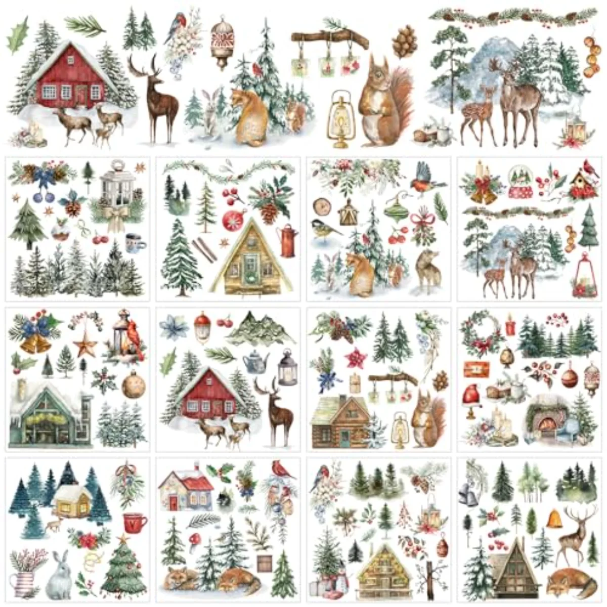 12 Sheets Christmas Forest Rub on Transfer for Crafts Xmas Tree Animal Rub