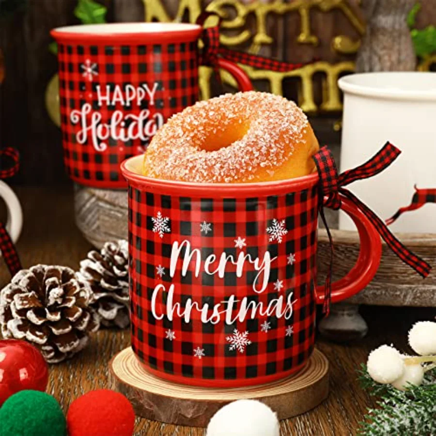 6Pcs Christmas Mini Coffee Mug with Ribbon Red Black Plaid Truck Reindeer, view 3