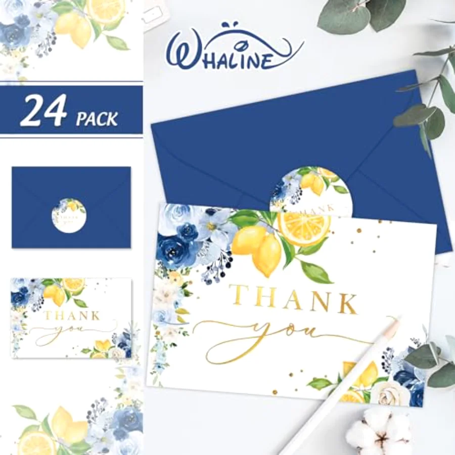 Blue Lemon Floral Thank You Cards Bulk Watercolor Flower Mediterranean, view 3