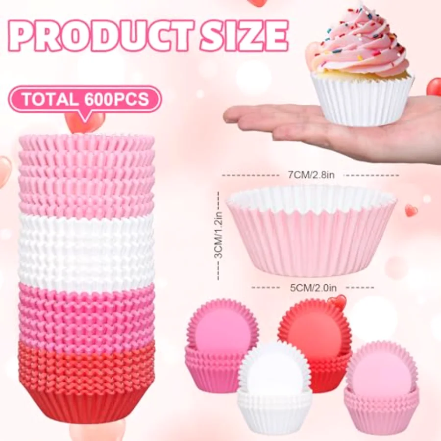 600Pcs Valentine's Day Cupcake Liners Assorted Colors Baking Cup Red Pink, view 2
