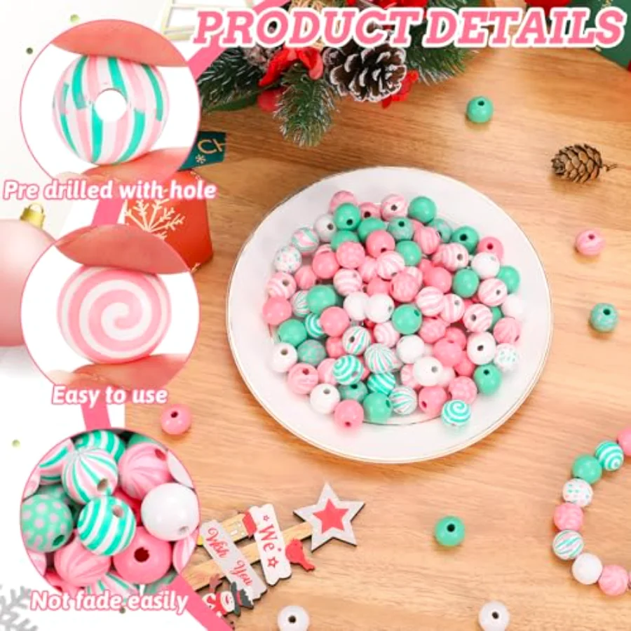 210Pcs Christmas Wooden Beads 12 Styles Pink-Green Xmas Pattern Round, view 3