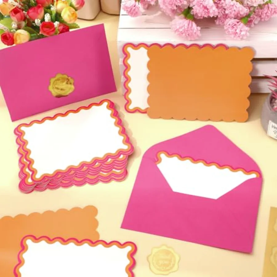24Pcs Flat Blank Notes with Envelopes Stickers Pink Orange Scalloped, view 4