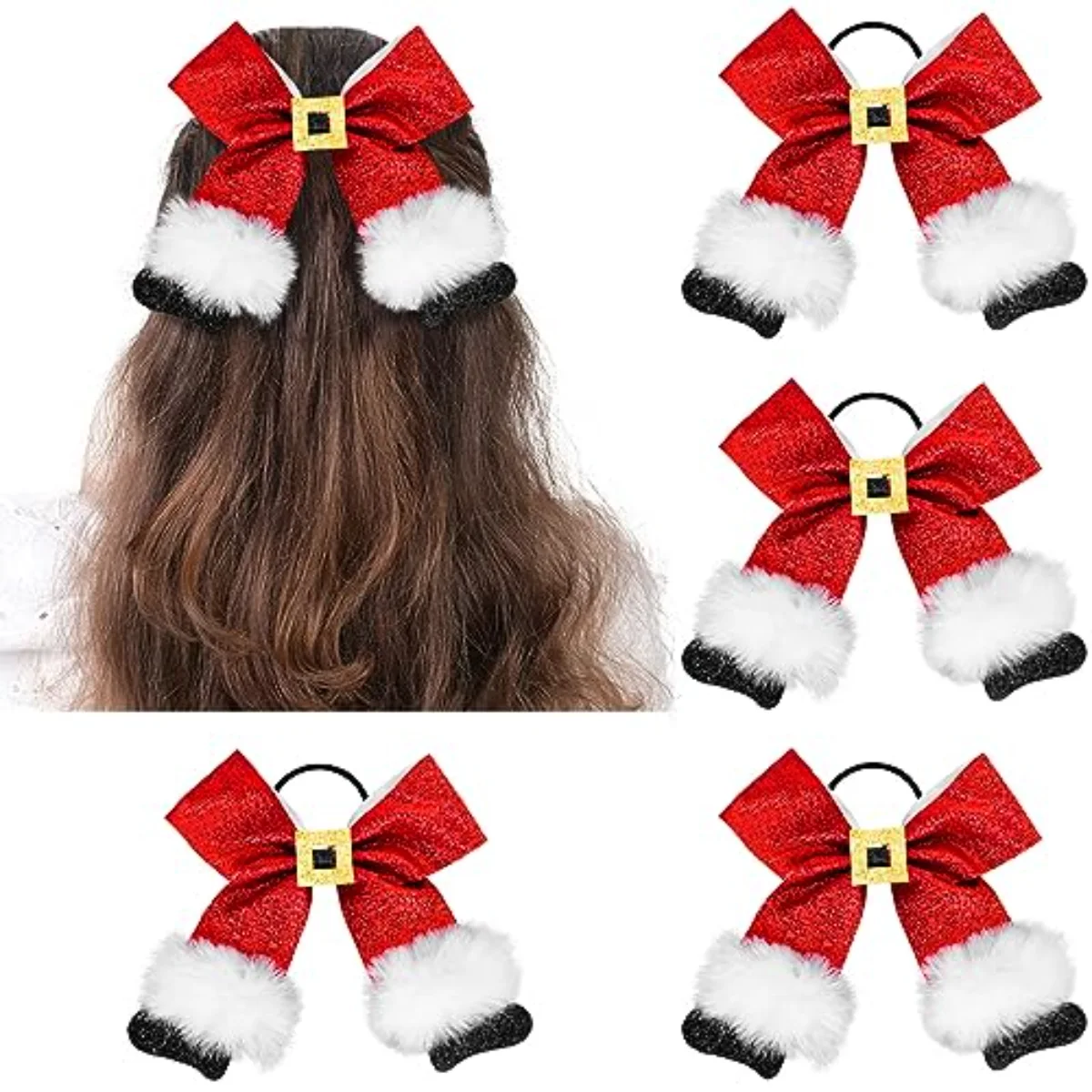 4 Pcs Christmas Cheer Hair Bows Hair Ties Glitter Large Santa Claus Ribbon
