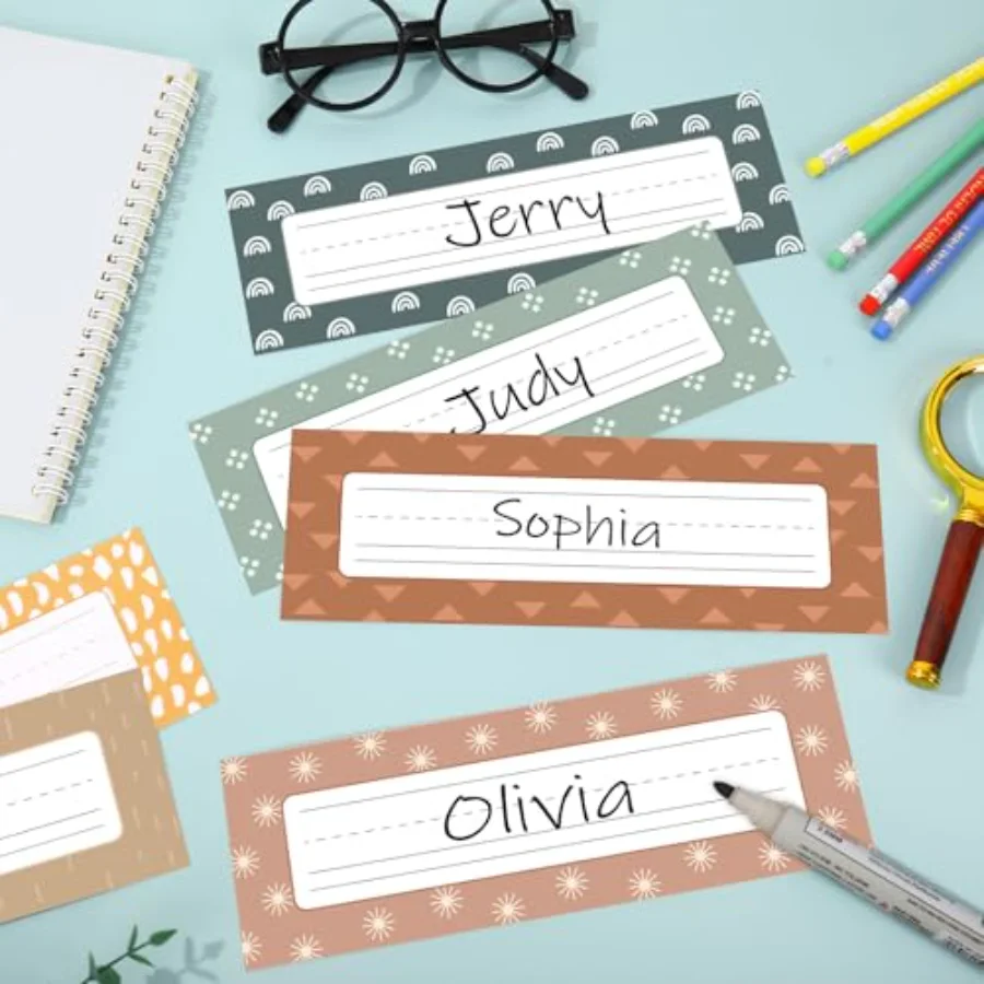 72 Pcs Boho Desk Name Tags 9 x 3 Inch Classroom Desk Nameplates Neutral, view 4