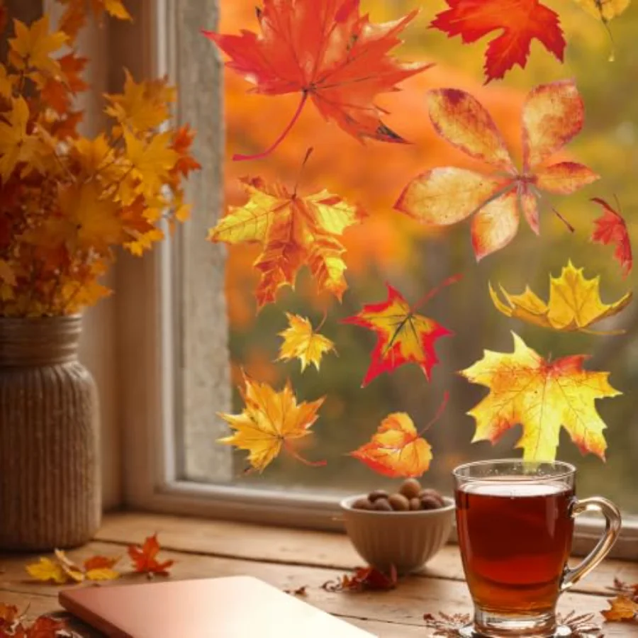 6 Sheets Fall Window Clings Watercolor Maple Leaves Double Sided Glass, view 2