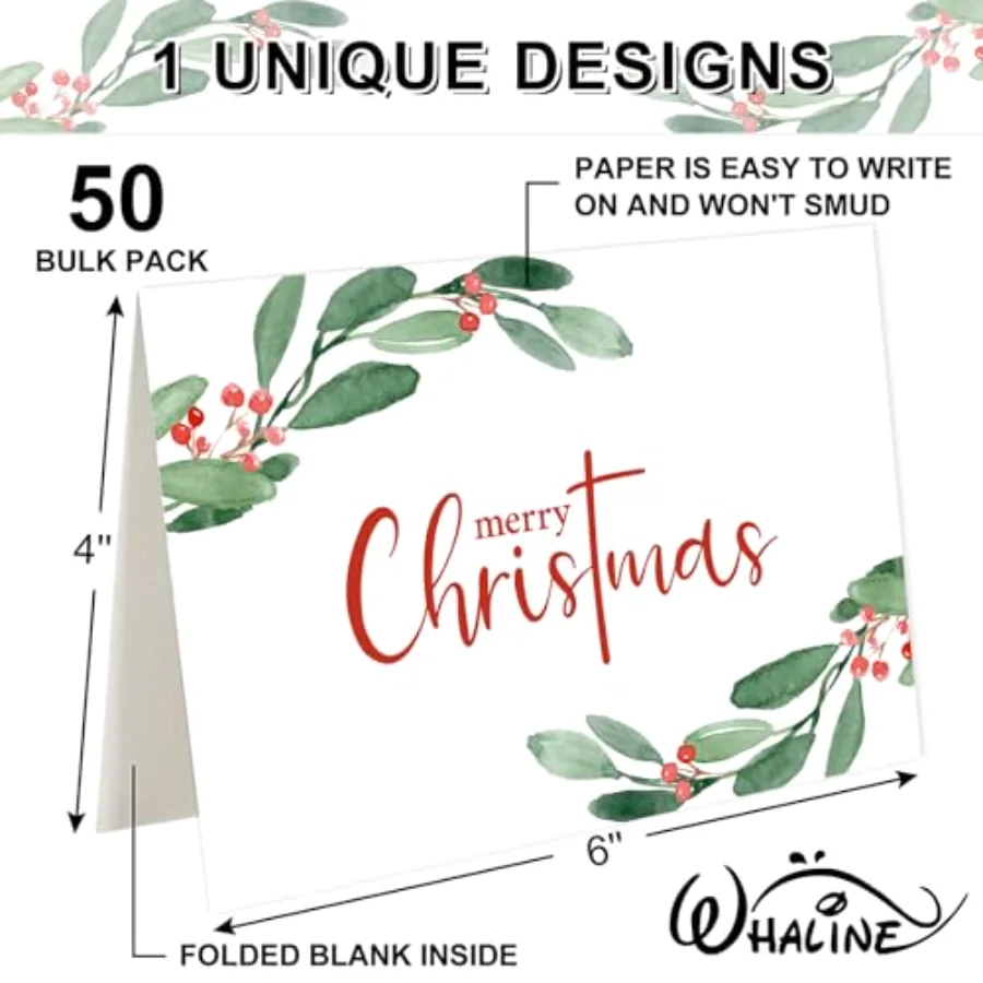 50 Pack Merry Christmas Greeting Cards Bulk Red Berry with Leaves Blank, view 2