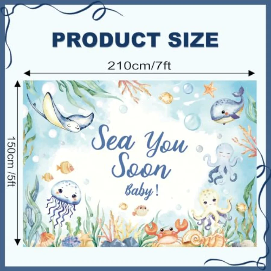 Sea You Soon Baby Shower Backdrop 7 x 5 Ft Cartoon Ocean Animal, view 2